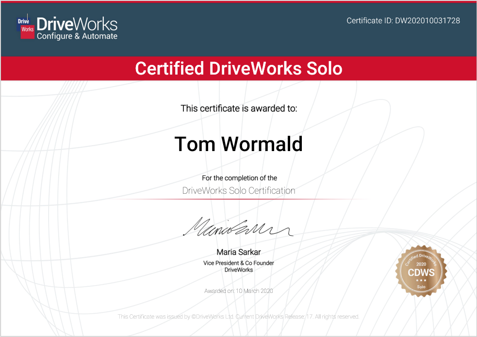 Example DriveWorks Solo certificate given to all who complete the certification.