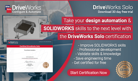 DriveWorks Solo Certification poster with benefits: improve SOLIDWORKS skills, complete in under 3 hours, reduce design errors, save engineering time, get certified for free.