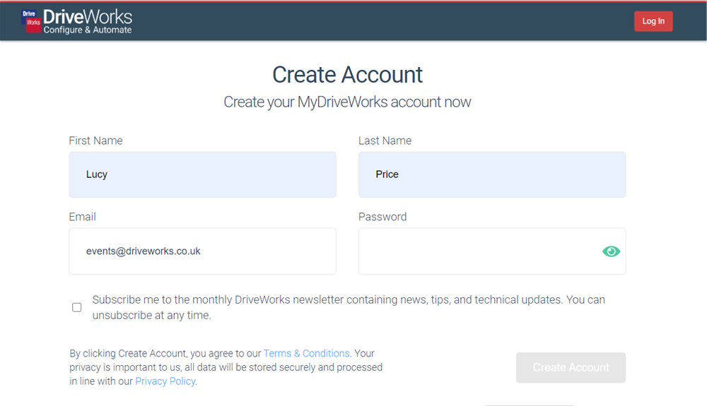 A screenshot of the MyDriveWorks accout page where you fill in personal details.