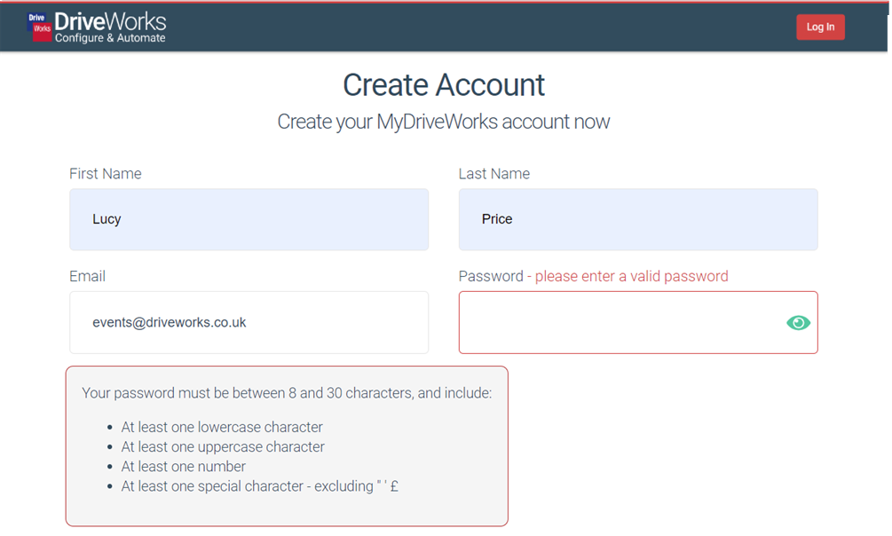 A screenshot of the MyDriveWorks account page where a user fills in a secure password.