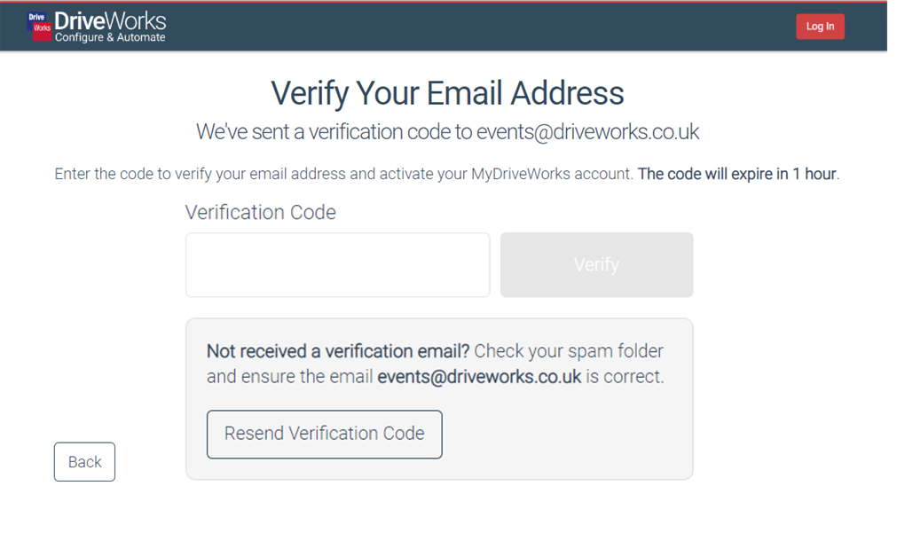 A screenshot of the 'verify your email address' page inside the MyDriveWorks account sign up.