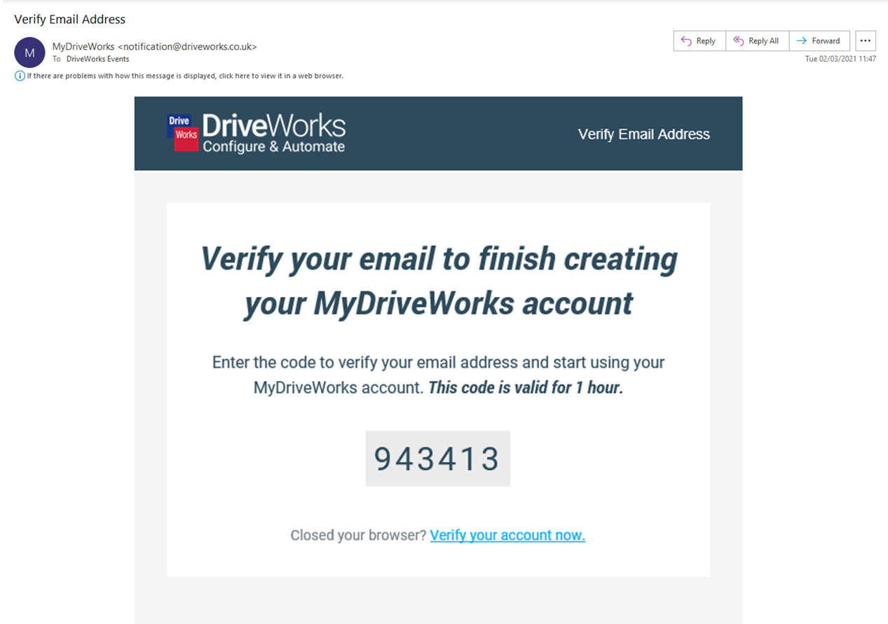 A screenshot of a verification code example on the MyDriveWorks account sign up page.