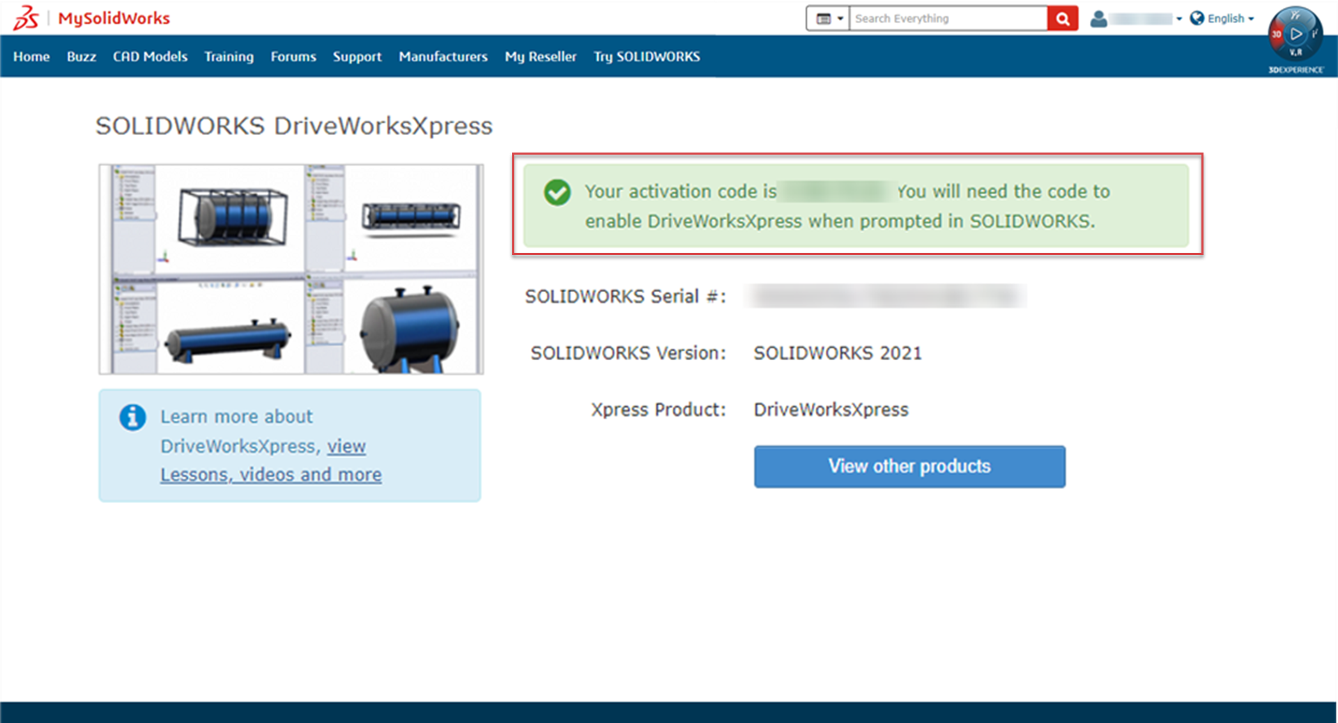 A screenshot of the DriveWorksXpress activation code page.