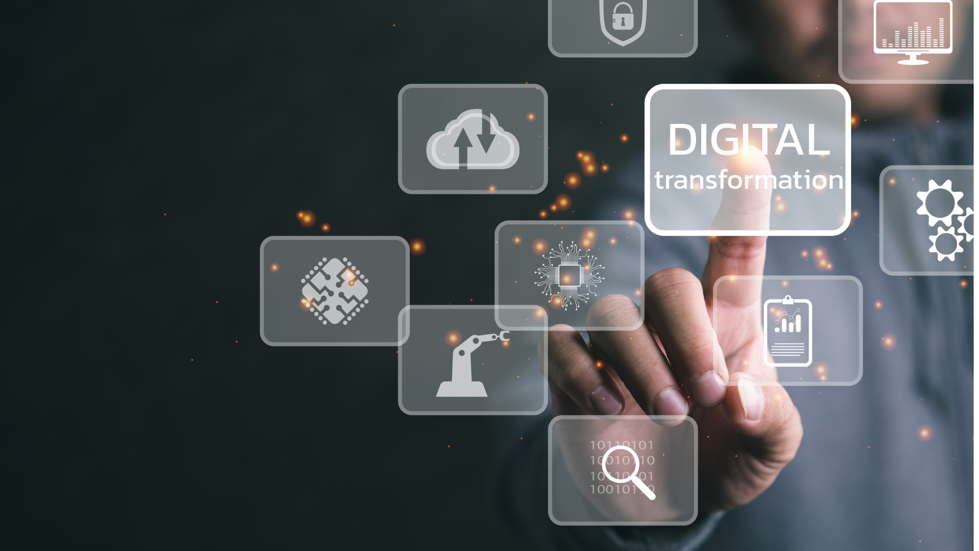 A photo of a hand pressing icon that says ''digital transformation''