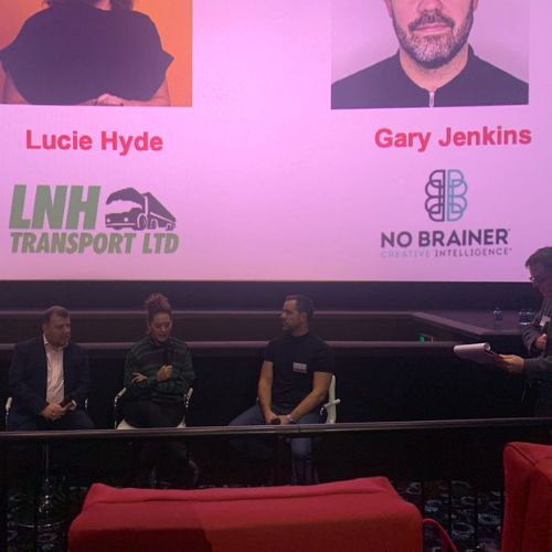Lucie Hyde founder of LNH Transport and Gary Jenkins co-founder of No Brainer Agency, alongside Andy Carter, MP for Warrington South..