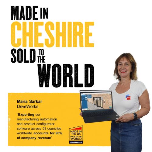 Maria Sarkar holding a laptop. Graphic displays the text: Made in Cheshire, Sold to the World