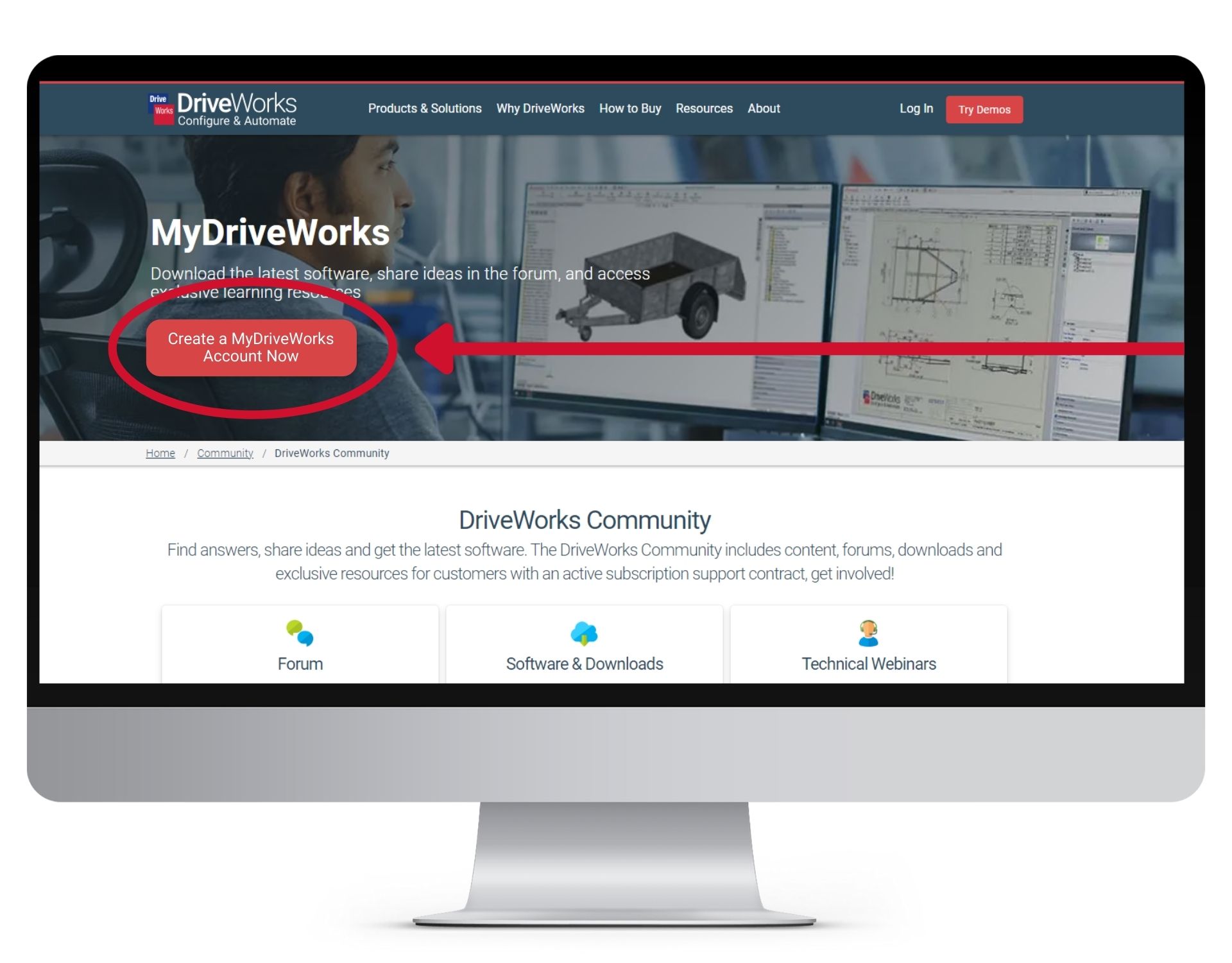 A computer screen showing the MyDriveWorks dashboard, and an arrow pointing to the button to create an account.