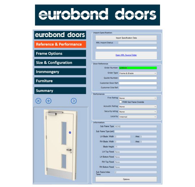 Eurobond Doors' logo and a screenshot of one of their input forms used to product specify.