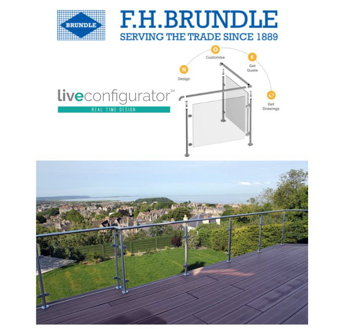 F.H.Brundle's logo, LiveConfigurator Logo with a screenshot of what it looks like inside the configurator, and a picture of an F.H.brundle residential balcony.