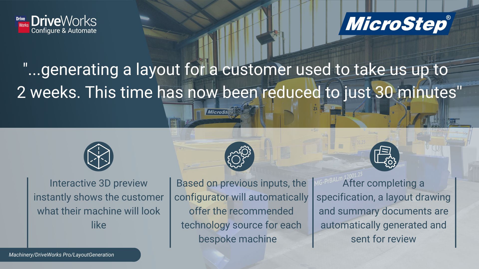 A picture with text on showing the benefits that Microstep has had since using DriveWorks. The text details: generating a layout for a customer used to take us up to 2 weeks. This time has now been reduced to just 30 minutes, Interactive 3D preview instantly shows the customer what their machine will look like, Based on previous inputs, the configurator will automatically offer the recommended technology source for each bespoke machine, After completing a specification, a layout drawing and summary documents are automatically generated and sent for review.