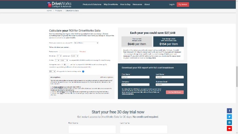 A screenshot of the DriveWorks ROI Calculator page, showing the form.