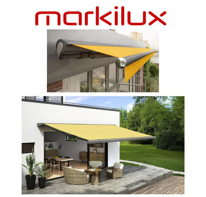 markilux's logo, a configuration of one of their awnings, and another configuration of a markilux awning in over a patio garden area.