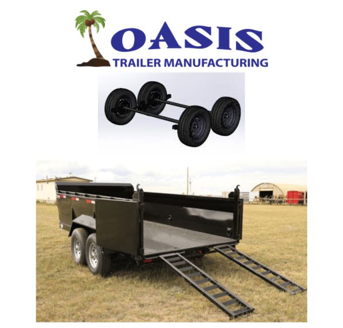 Oasis' logo, with a picture of one of their trailers and a configuration of one of a set of their trailer wheels.