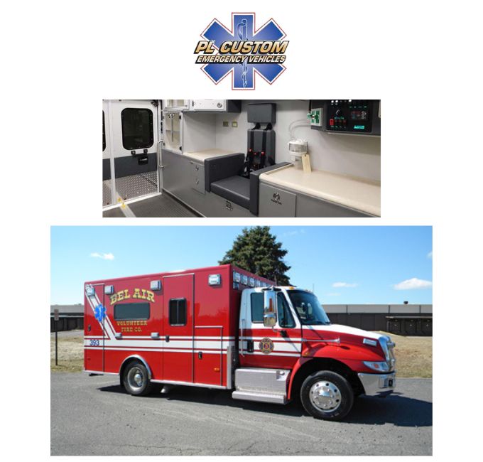 P L Custom's logo, a picture of the interior of one of their ambulances and a photo of a parked ambulance.