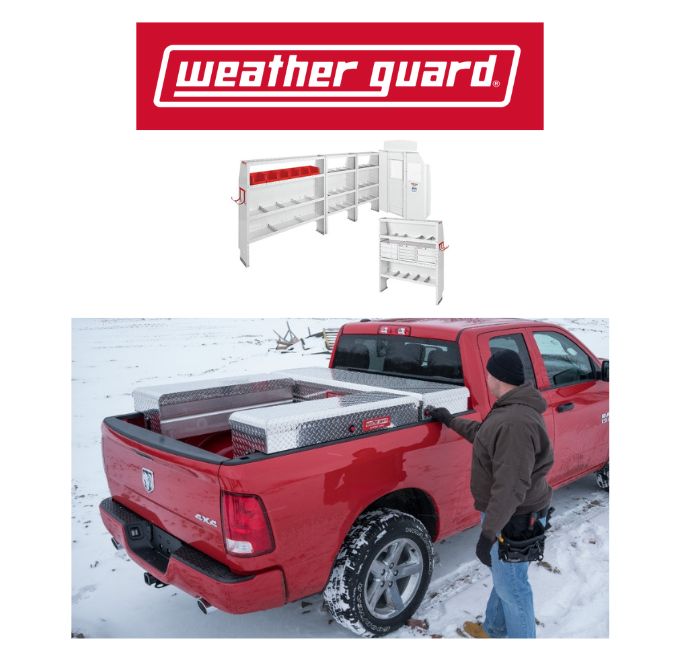 WEATHER GUARD's logo with a configuration of one of their truck boxes and a photo of a WEATHER GUARD truck box inside the back of a truck.
