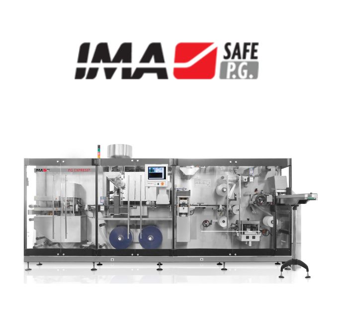 IMA PG's logo and one of their pharmaceutical production line machines.