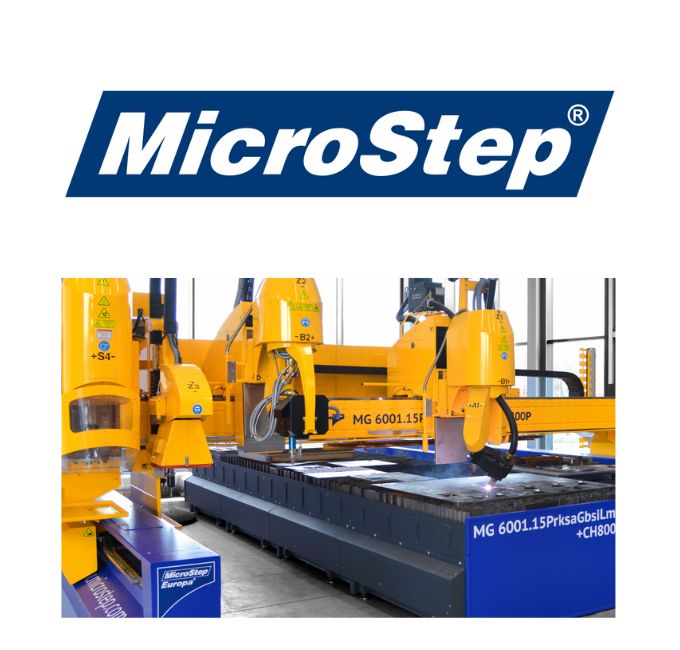 MicroStep's logo and one of their cutting machines.