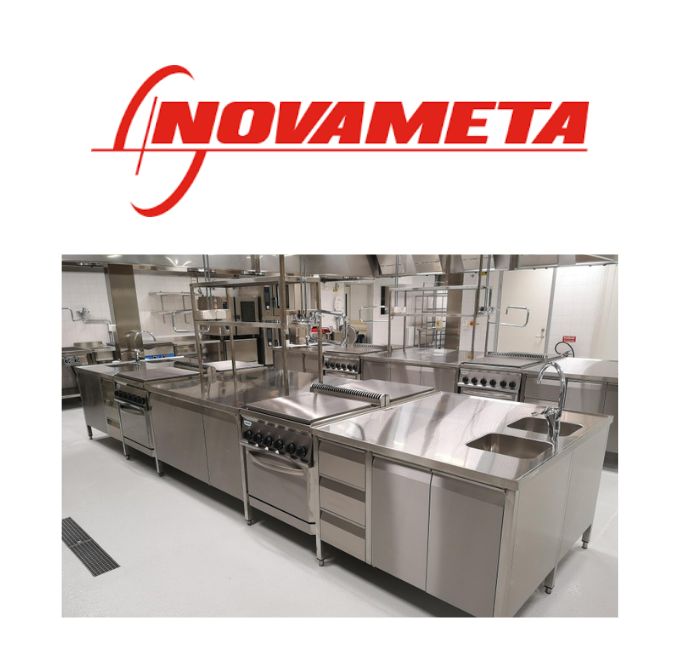 Novameta's logo with one of their stainless steel commercial kitchens.
