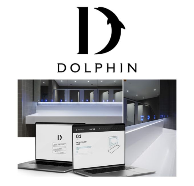 Dolphin Solutions logo with a Dolphin bathroom and a laptop screen showing their order process.