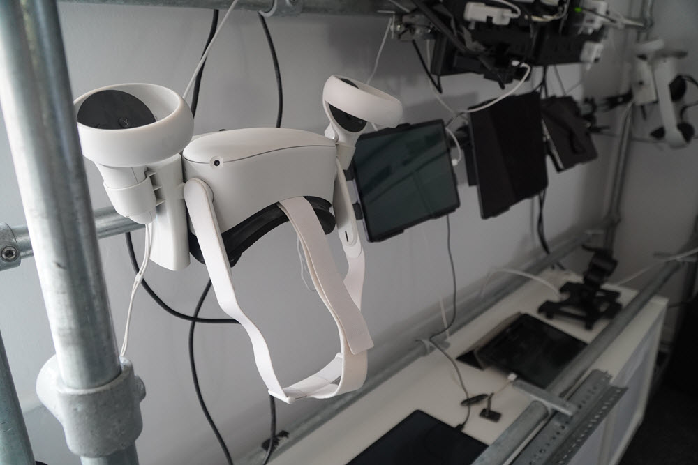 A picture of tablets and VR headset attached to the new project/demo space.