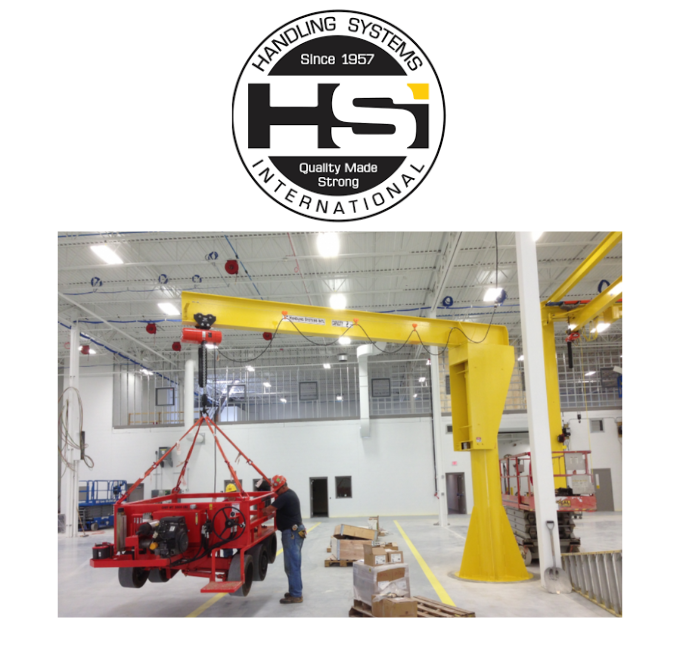 HSI Crane's logo and a picture of a HSI crane in a warehouse.