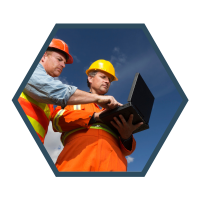 A hexagonal icon showing 2 engineers at a laptop.