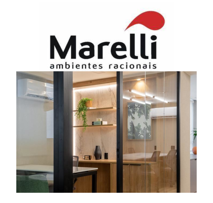 Marelli's logo and a picture of one of their wall partitions in an office.
