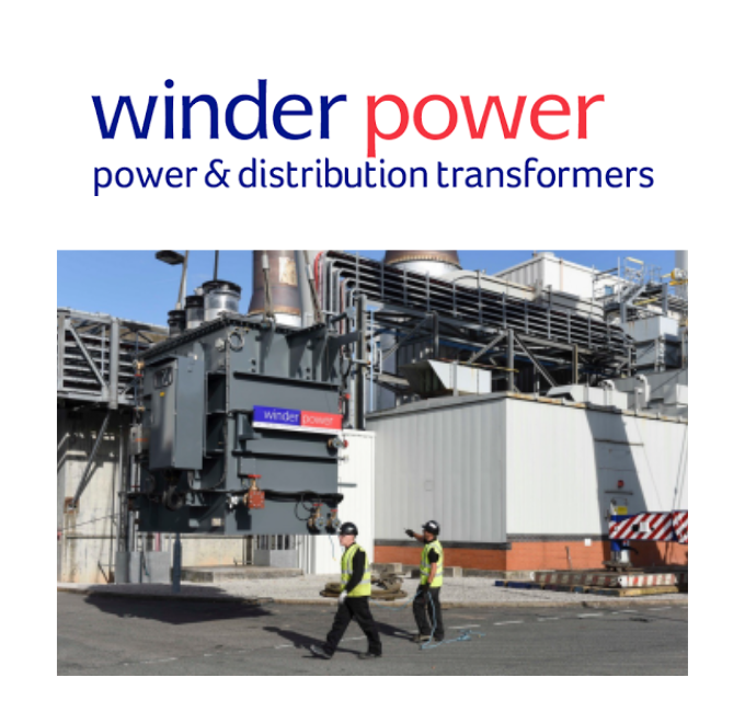 Winder Power's logo and a Winder Power power transformer.