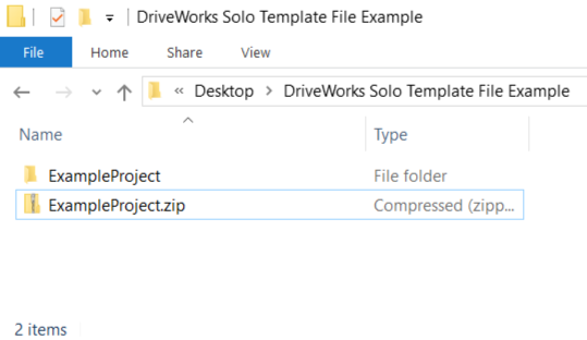 A picture of a DriveWorks Solo Template File Example with 'ExampleProject.zip' highlighted.