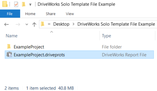 A picture of a DriveWorks Solo Template File Example with 'ExampleProject.driveprots' highlighted.