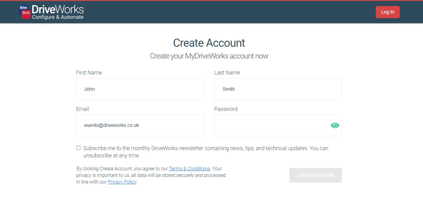Screen showing set up for MyDriveWorks Community Account