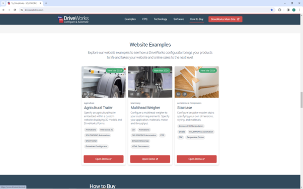 Screen showing website examples of DriveWorks configurators