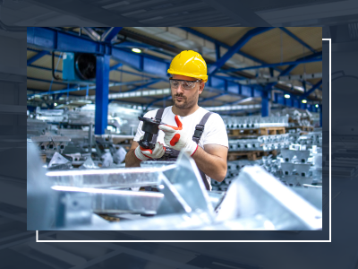 Image shows a man with a hard hat working in a factory to demonstrate quality and safety considerations for furniture and fixture manufacturers